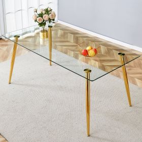 Modern rectangular glass dining table, suitable for 4-6 people, with tempered glass countertop and gold metal legs, writing desk, suitable for kitchen