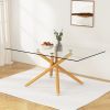 Large Modern Minimalist Rectangular Glass Dining Table for 6-8 with 0.39" Tempered Glass Tabletop and Wood color Metal Legs