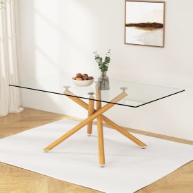 Large Modern Minimalist Rectangular Glass Dining Table for 6-8 with 0.39" Tempered Glass Tabletop and Wood color Metal Legs