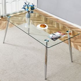 Modern rectangular glass dining table, suitable for 4-6 people, with tempered glass countertop and silver metal table legs, writing desk