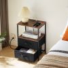 End Table with Charging Station, Nightstand with USB Port, Outlet and Fabric Bag, 2 Drawers & Open Storage Shelf Side Table