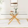 Large Modern Minimalist Rectangular Glass Dining Table for 6-8 with 0.39" Tempered Glass Tabletop and Wood color Metal Legs