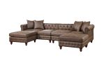 Dark Coffee Breathable Leatherette 4pc Sectional Set 2x Reversible Loveseat / Chaise and 2x Ottomans Tufted Couch Pillows