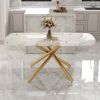 Large modern minimalist rectangular dining table with 0.39 "imitation marble tabletop and golden metal legs, suitable for kitchen, dining room