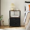 End Table with Charging Station, Nightstand with USB Port, Outlet and Fabric Bag, 2 Drawers & Open Storage Shelf Side Table