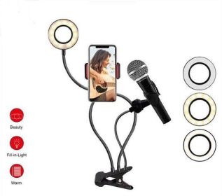 Mobile phone live broadcast stabilizer fill light LED universal hose eye protection desk lamp desktop mobile phone two in one bracket (colour: Single lamp handset clip+microphone)