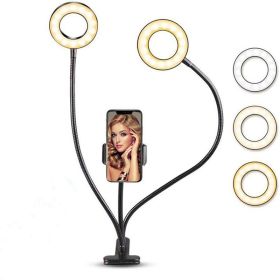 Mobile phone live broadcast stabilizer fill light LED universal hose eye protection desk lamp desktop mobile phone two in one bracket (colour: Double lights+phone clip)