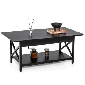 2-Tier Industrial Rectangular Coffee Table with Storage Shelf (Color: black)