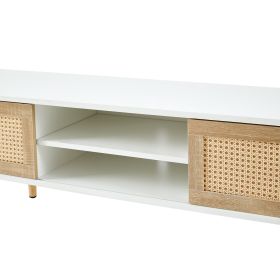 55.12" Rattan TV cabinet, double sliding doors for storage, adjustable shelf, solid wood legs, TV console for living room , White (Color: as Pic)