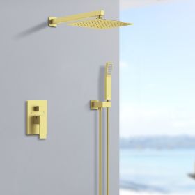 Shower System Shower Faucet Combo Set Wall Mounted with 12" Rainfall Shower Head and handheld shower faucet (Color: Gold)