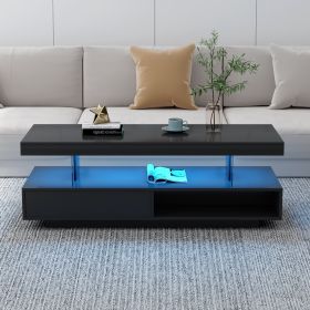 LED Coffee Table with Storage, Modern Center Table with 2 Drawers and Display Shelves, Accent Furniture with LED Lights for Living Room (Color: black)