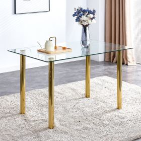 Modern minimalist glass dining table. A transparent tempered glass desktop with a thickness of 0.3 feet and metal legs. Suitable for restaurants and l (Color: Golden)