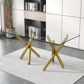 Large modern minimalist rectangular glass dining table, suitable for 6-8 people, equipped with 0.39 "tempered glass tabletop and metal legs (Color: Golden)