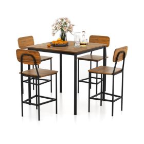 5 Pieces Industrial Dining Table Set with Counter Height Table and 4 Bar Stools (Color: Dark Brown)