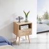 15.75" Rattan End table with drawer and solid wood legs, Modern nightstand, side table for living room, bedroom