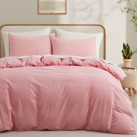 100% Washed Cotton Duvet Cover Set, Durable Fade-Resistant Natural Bedding Set (No Comforter) (Color: pink, size: QUEEN)