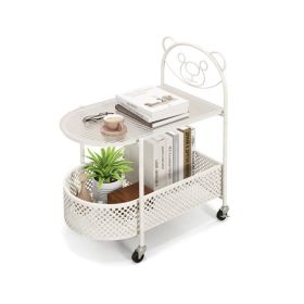 2-Tier Mobile Glass Coffee Table with Bear Pattern (Color: White)