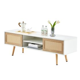 55.12" Rattan TV cabinet, double sliding doors for storage, adjustable shelf, solid wood legs, TV console for living room , White (Color: as picture)