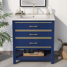 [Viedo]Modern 30inch Navy Blue/White Bathroom Vanity Cabinet Combo with Open Storge, Two Drawers (Material: Solid Wood+MDF, Color: Blue)