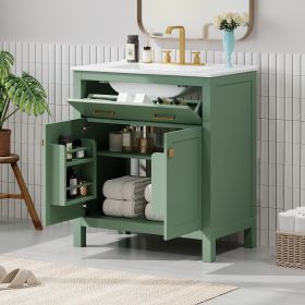 30-inch Bathroom Vanity with Ceramic Sink, Modern Green Single Bathroom Cabinet with 2 Doors and a Shelf, Soft Close Doors (Material: Solid Wood+MDF, Color: Green)