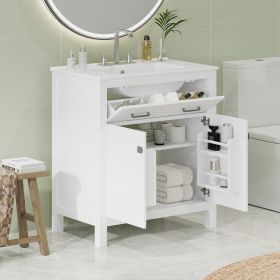 30-inch Bathroom Vanity with Ceramic Sink, Modern Green Single Bathroom Cabinet with 2 Doors and a Shelf, Soft Close Doors (Material: Solid Wood+MDF, Color: White)