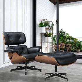 Living Room Standard Size Lounge Chair Armchair With Ottoman Genuine Leather Swivel Chair (Color: black leather walnut frame)