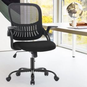 Office Mid Back Ergonomic Mesh Computer Desk Larger Seat Executive Height Adjustable Swivel Task Chair with Lumbar Support (Color: black)