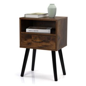 Set of 2 Mid Century Nightstand, Side Table with Drawer and Shelf, End Table for Living Room Bedroom, Rustic Brown (Color: as Pic)